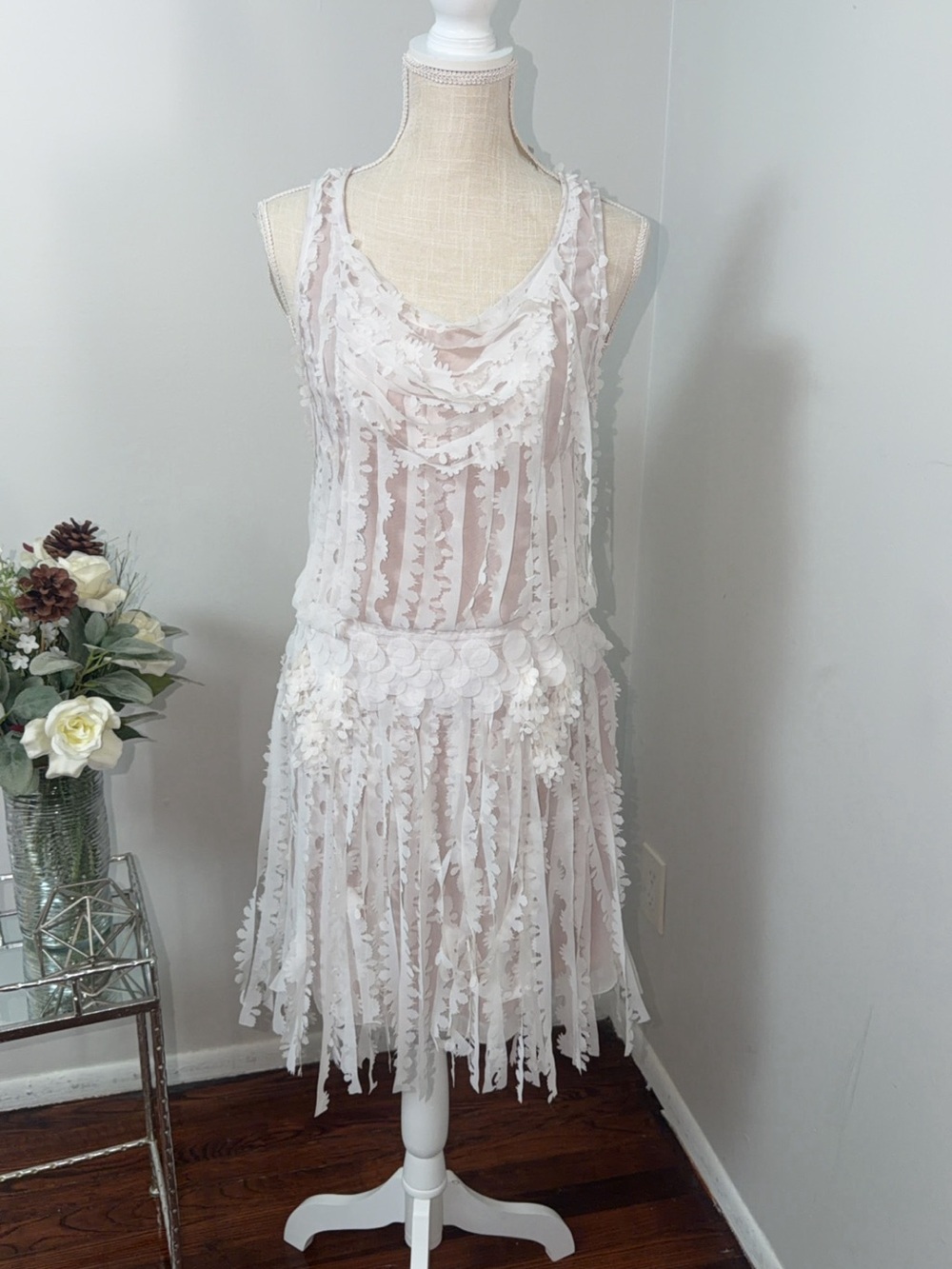 Byron Lars Ivory Lace Fringe Tank Dress